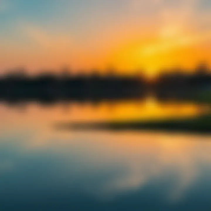 A beautiful sunset reflecting on the surface of Love Lake, creating a tranquil and mesmerizing scene