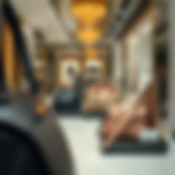 Close-up of designer handbags from renowned luxury brands displayed in an exquisite boutique within Dubai Mall.