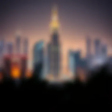 Night view illuminating Maze Tower amidst Dubai's skyline