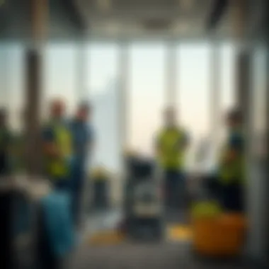 Organized Cleaning Team in Dubai A well-organized cleaning team preparing for a session in a Dubai office