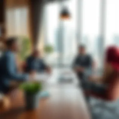 Real estate office with professionals discussing strategies