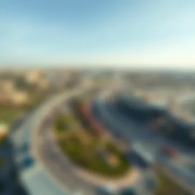 Aerial View of JVC and Metro Lines Aerial view of Jumeirah Village Circle with metro lines