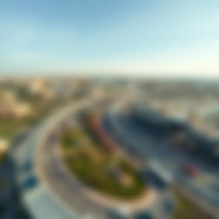 Aerial View of JVC and Metro Lines Aerial view of Jumeirah Village Circle with metro lines