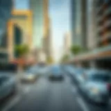 A bustling parking lot in downtown Dubai showcasing modern architecture