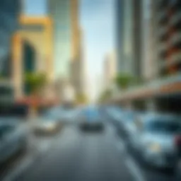 A bustling parking lot in downtown Dubai showcasing modern architecture