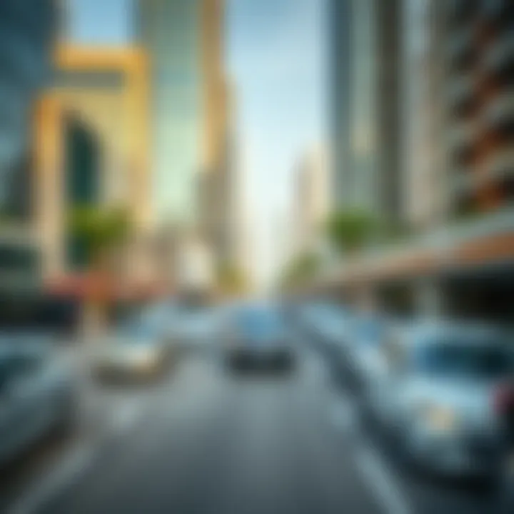 A bustling parking lot in downtown Dubai showcasing modern architecture