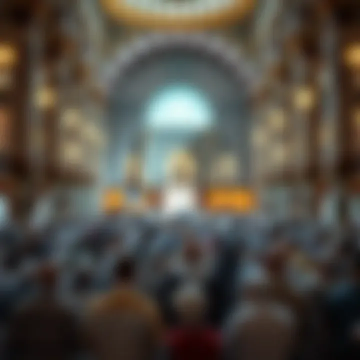 Community Engagement and Worship A bustling community gathering for prayers in a mosque