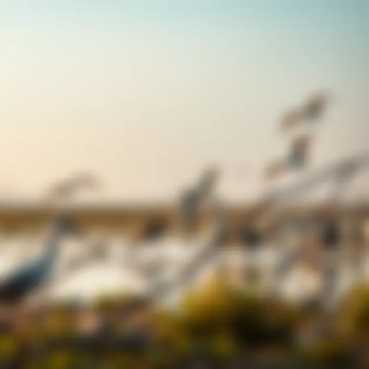 A diverse array of bird species feeding in the wetlands, representing the sanctuary's rich biodiversity