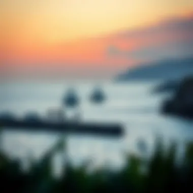 Tranquility by the Sea A serene coastal landscape with fishing boats in the distance.