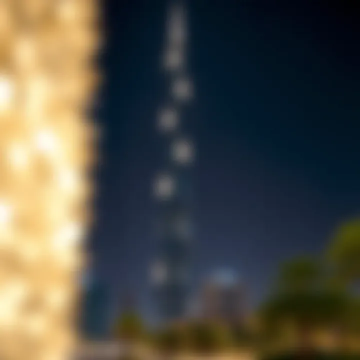 Night view showcasing Sheikha Maryam Bint Ghanem Tower illuminated