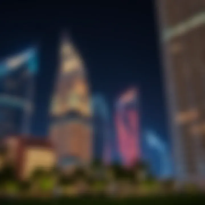 Nighttime illumination of Sky View Dubai highlighting its structural innovations