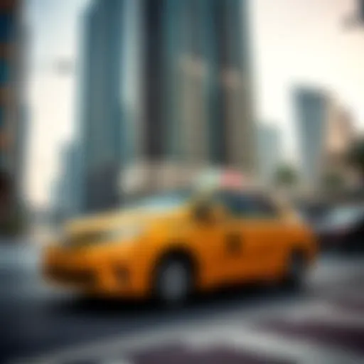 Taxi on a Dubai street with skyscrapers