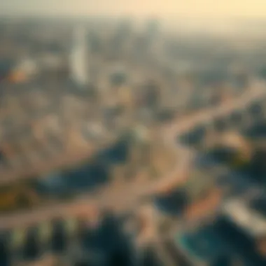 An aerial view of Dubai's bustling urban landscape with a mosque visible