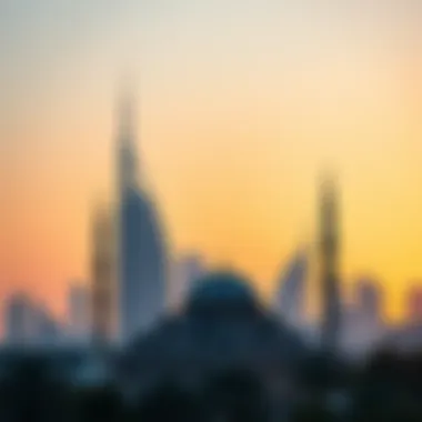 The skyline of Dubai with a mosque in the foreground during sunset