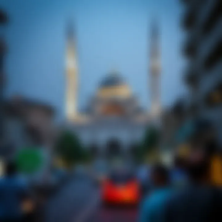 The sound waves emanating from a mosque during وقت الاذان in a busy neighborhood