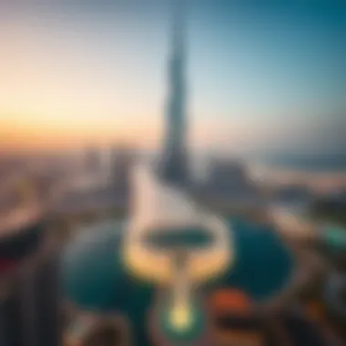 Aerial View of the Fountain Show An aerial perspective of the Burj Khalifa and surrounding water features