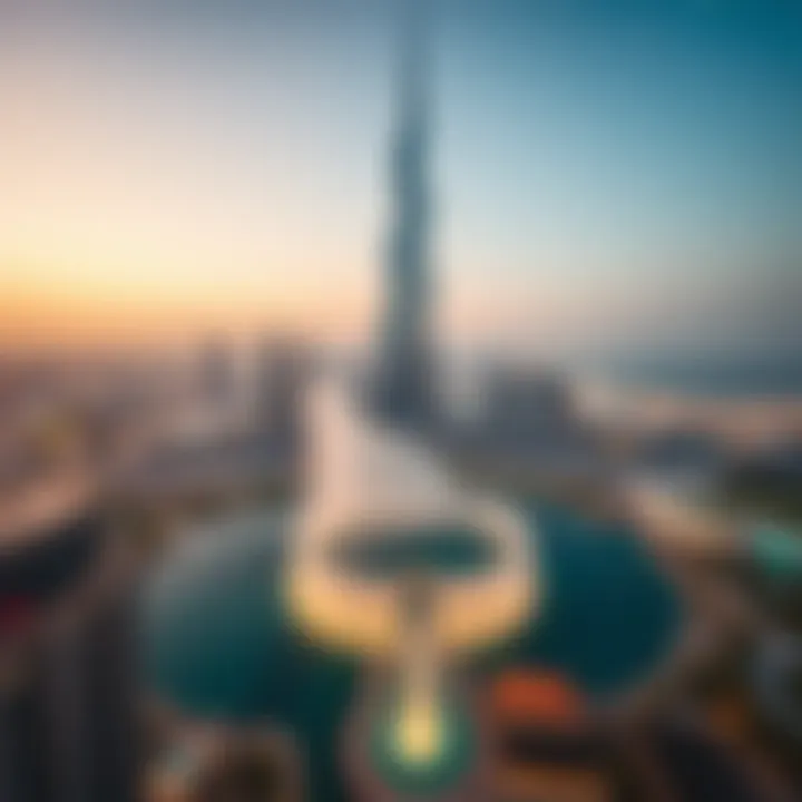 Aerial View of the Fountain Show An aerial perspective of the Burj Khalifa and surrounding water features