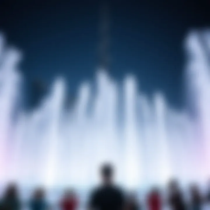 Visitors Experience the Fountain Show Tourists enjoying the Dubai Fountains show with Burj Khalifa in the backdrop