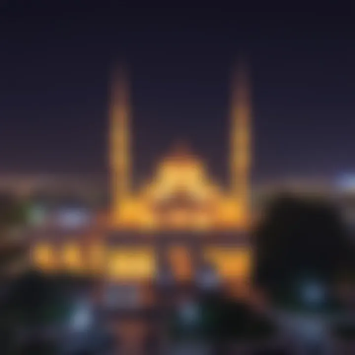 Spirituality and Community in Ramadan Nights An aerial view of an illuminated mosque during the Ramadan nights, symbolizing spirituality and communal prayers.