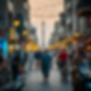 Unity and Social Connections During Ramadan A bustling street scene showcasing families enjoying Ramadan festivities, symbolizing unity and social connections.