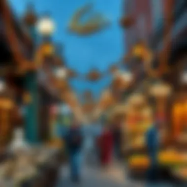 Festive Market Atmosphere in Ramadan A vibrant market scene during Ramadan in the UAE, showcasing traditional decorations and community gatherings.