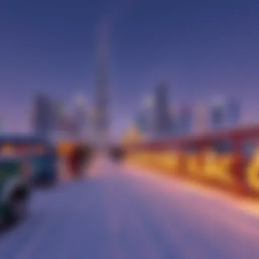 A panoramic view of Dubai's skyline adorned with winter decorations