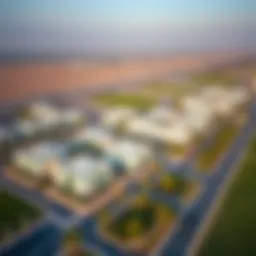 A stunning aerial view of Thumbay Al Jurf showcasing modern architecture and lush green landscapes