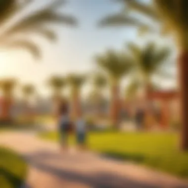 A vibrant community park in Thumbay Al Jurf filled with families enjoying recreational activities