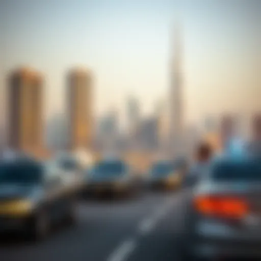 Overview of Dubai's skyline with Uber vehicles