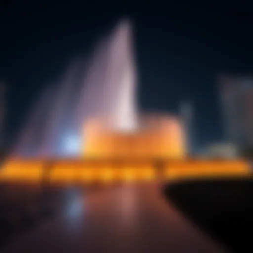 A breathtaking view of the Dubai Fountain performing at night