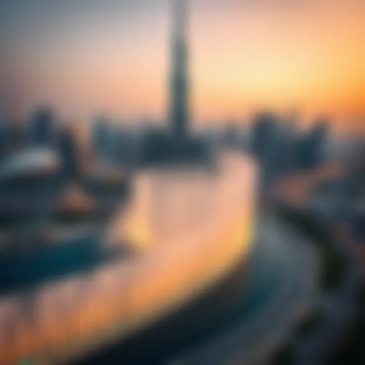 A panoramic view of the Dubai skyline with the fountain show in the foreground