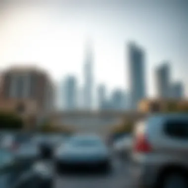 Dubai's Urban Parking Dynamics Iconic Dubai skyline with cars parked below
