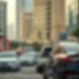 A view of a bustling Dubai street with parked cars
