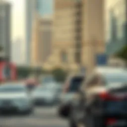 A view of a bustling Dubai street with parked cars