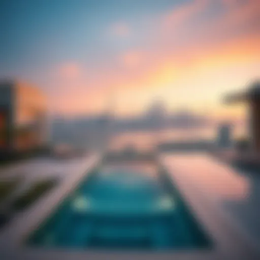 Stunning view of a luxury villa with a private pool overlooking the skyline