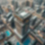 Aerial view of the Opus Building showcasing its unique architectural design