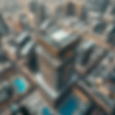 Aerial view of the Opus Building showcasing its unique architectural design