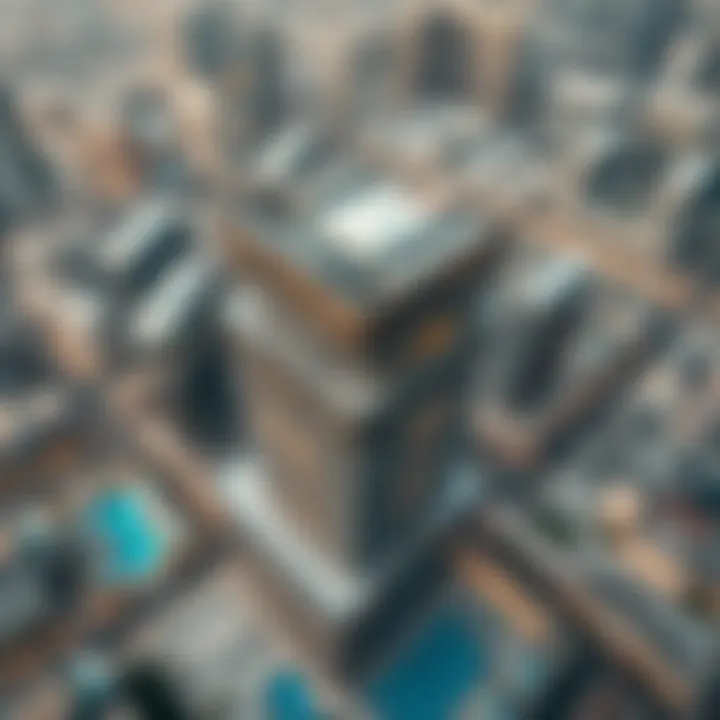 Aerial view of the Opus Building showcasing its unique architectural design