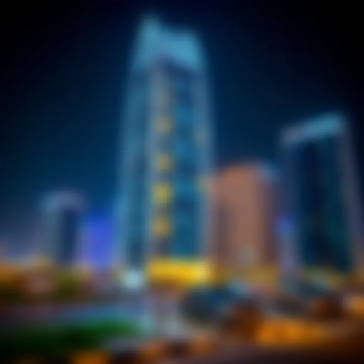 Night view of the Opus Building illuminated against the Dubai skyline