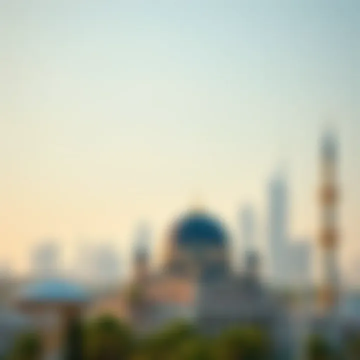 Dubai Skyline with Mosque Scenic view of Dubai skyline with a mosque in the foreground.