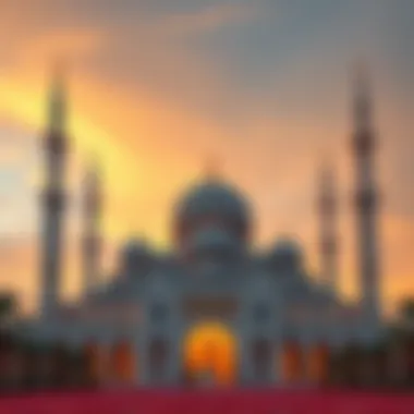 Majestic Mosque at Sunset Majestic mosque in Dubai at sunset, highlighting prayer call.
