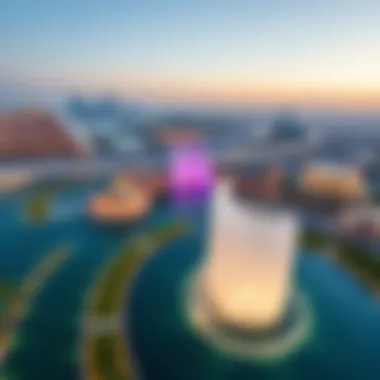 A breathtaking aerial view of the Water Dance at Dubai Mall, showcasing the choreographed fountain display against the city skyline.