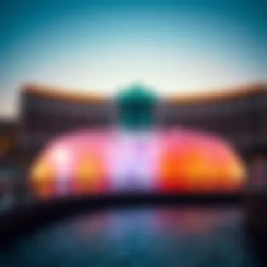 The Water Dance illuminated at night, reflecting the vibrant colors and artistic design that captivates audiences.