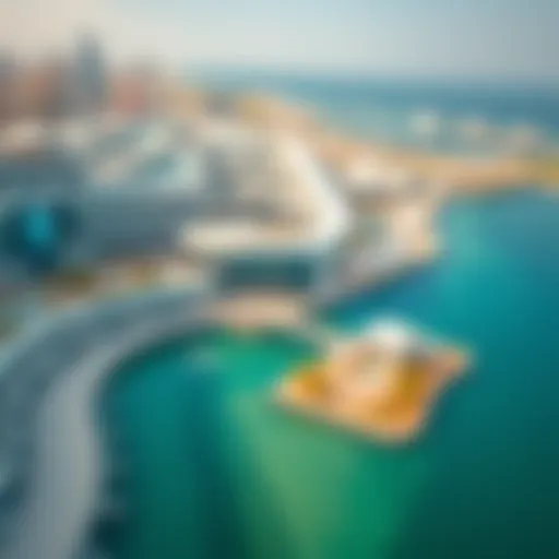 Stunning aerial view of a waterfront mall in Dubai showcasing modern architecture