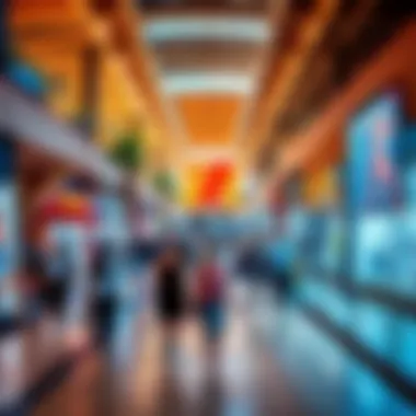 Vibrant waterfront mall bustling with visitors enjoying shopping and leisure activities