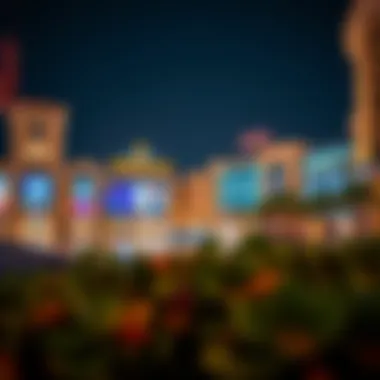 Nighttime view of a waterfront mall illuminated, highlighting its architectural features and allure