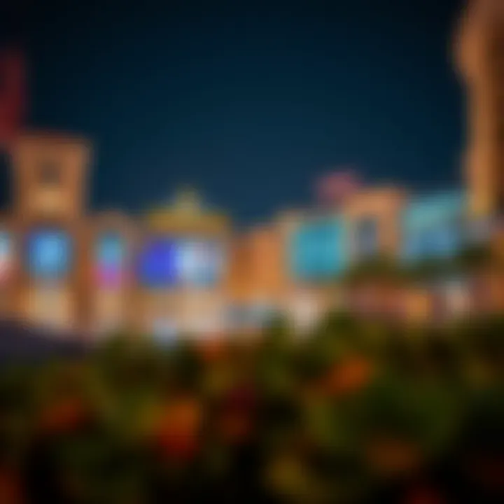 Nighttime view of a waterfront mall illuminated, highlighting its architectural features and allure